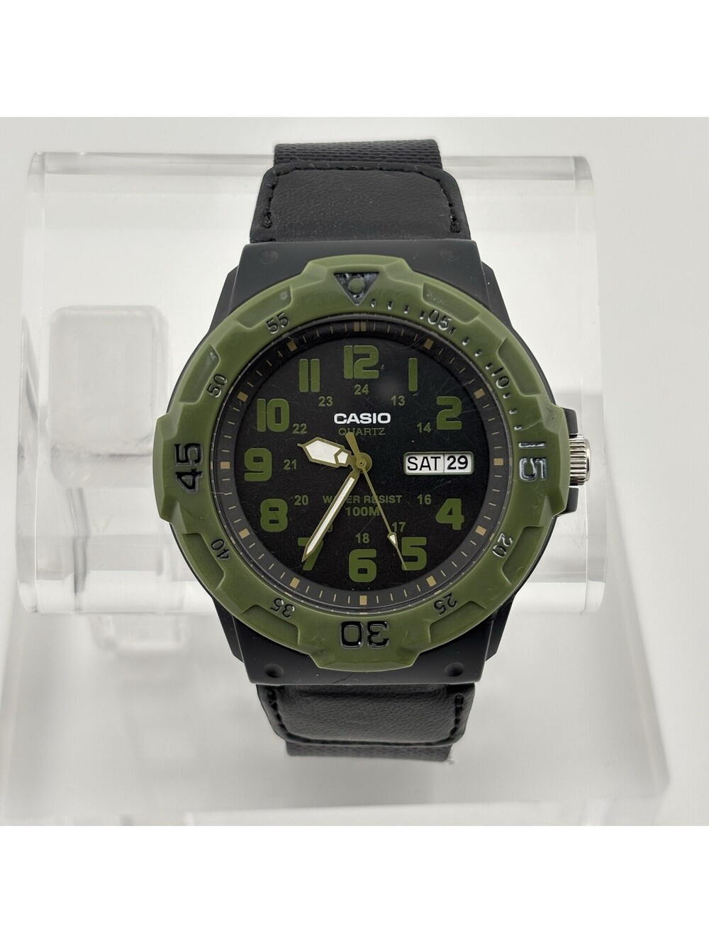 Casio MRW-200HB-1BV Olive Green Black Nylon Analog Day-Date Watch 43mm 100M